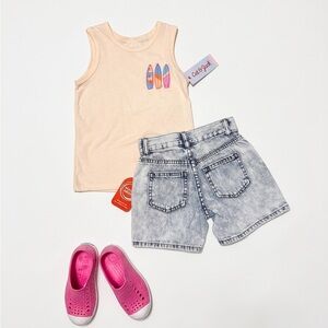 Surfboards Graphic and Light Wash Stretch Denim Shorts (shows not included)